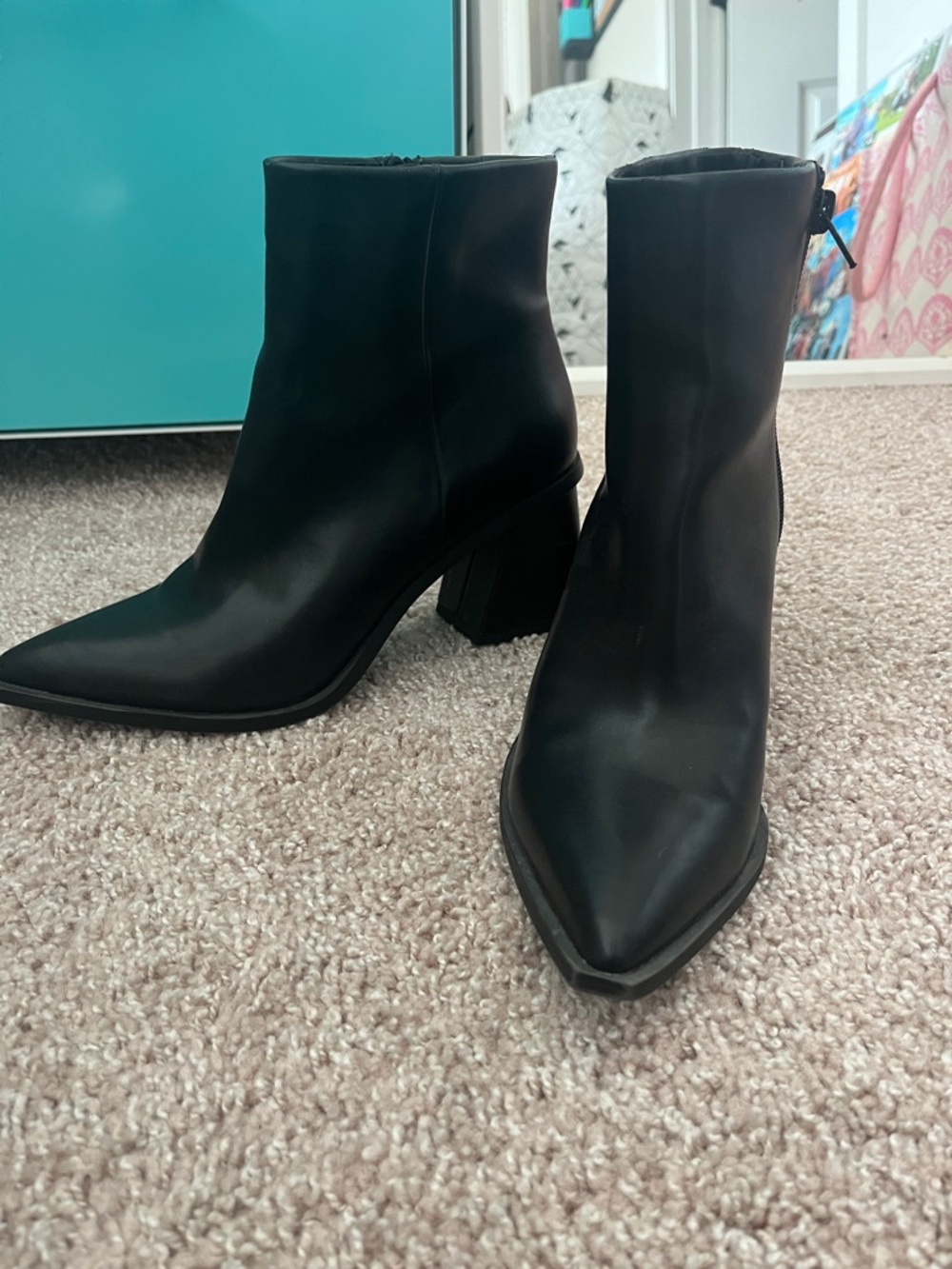 bp Black Pointed Ankle Booties with Block Heel